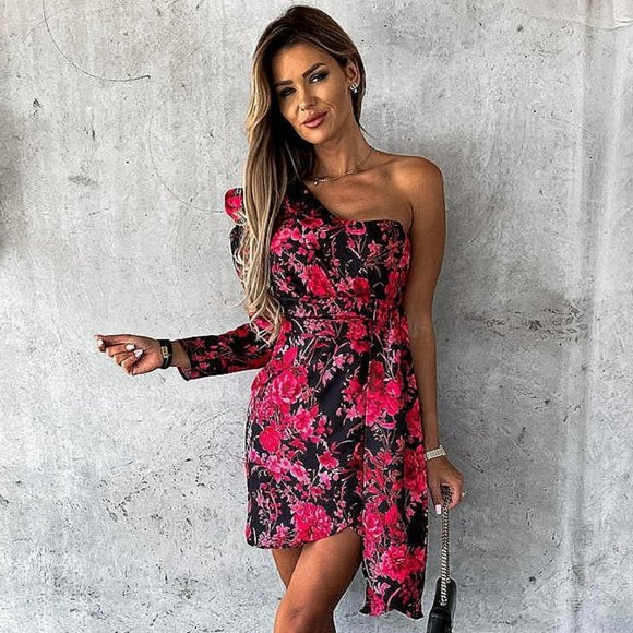 Dresses & Skirts - Black Floral Print One Shoulder Long Sleeve Bodycon Mini Dress